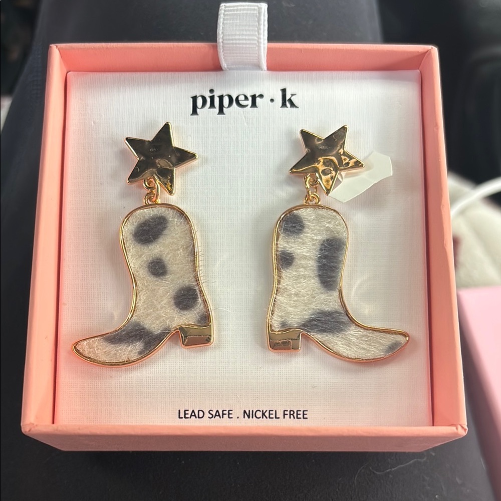 Piper Gold and Black Cowboy Boot Rawhide Earrings NWT
